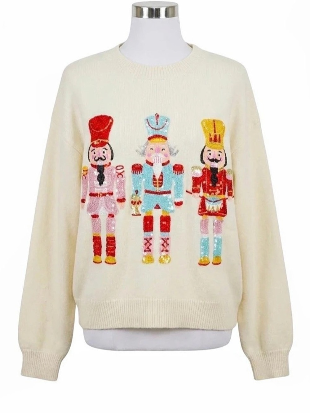 Cozy Nutcracker Thick Crewneck Sweater in Cream
